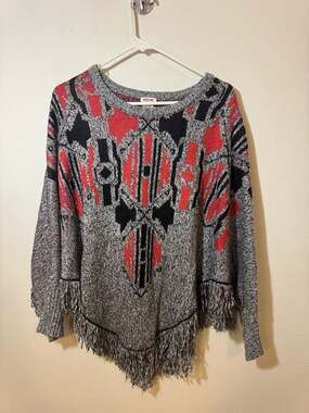 Mossimo Supply Co. Womens Aztec Print Fringe Poncho Sweater Grey Red Size L/XL